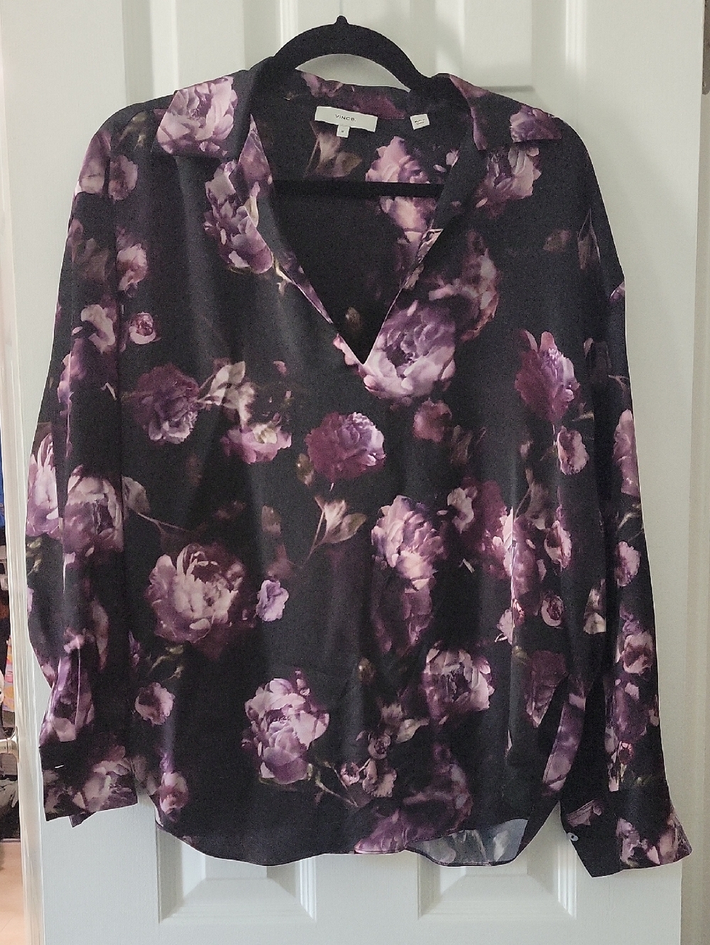 Vince Floral Popover Silk Blouse Night Garden